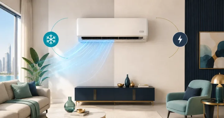مقارنة بصرية بين ملصق سعة التبريد BTU وملصق القدرة الكهربائية بالواط على مكيف هواء